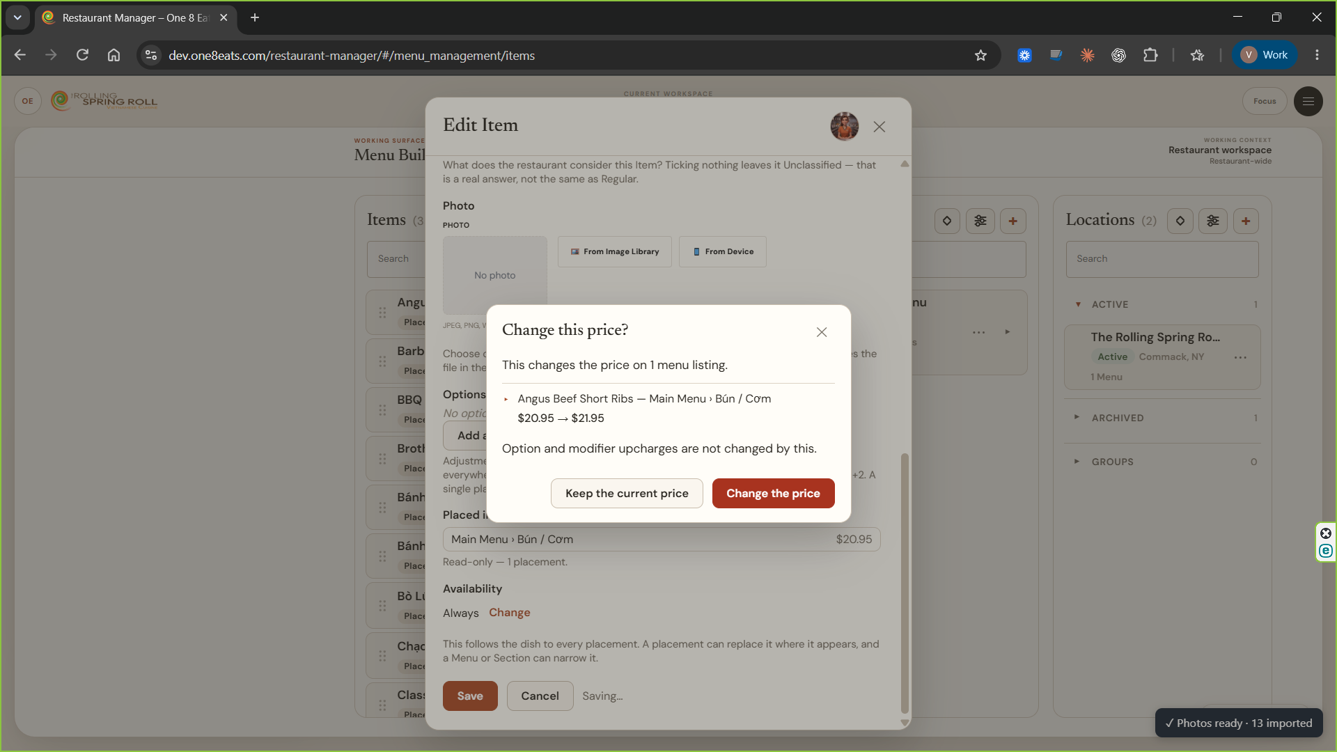 One 8 Eats bulk impact preview for fictional menu data