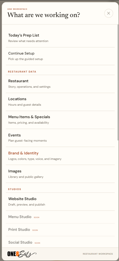 Mobile One 8 Eats menu workspace with fictional restaurant items